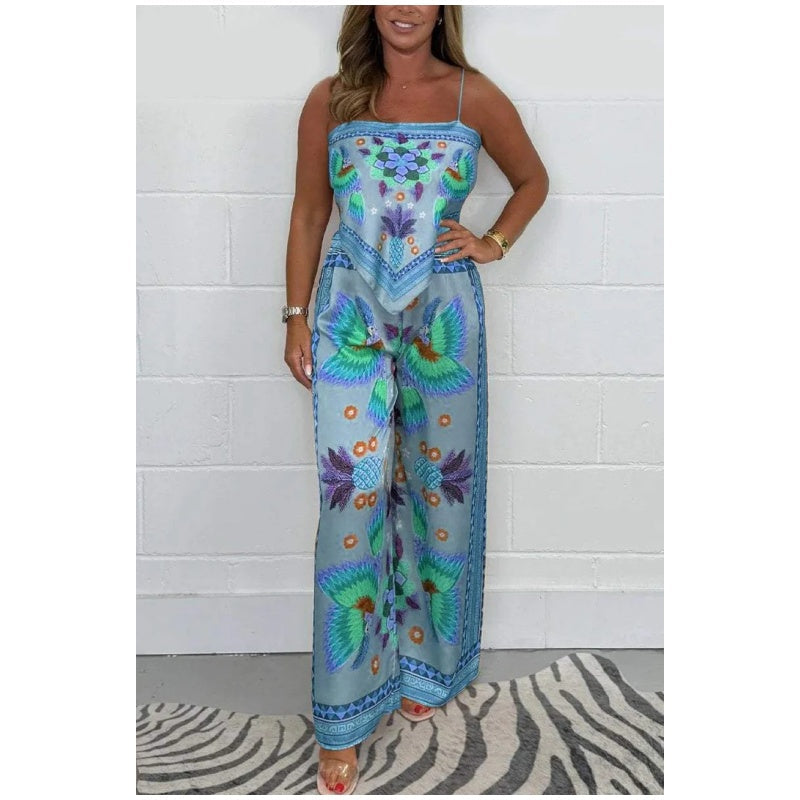 💝 Holiday Wardrobe💝-Spaghetti Strap Printed Top & Loose Women's Pants 2-Piece Set
