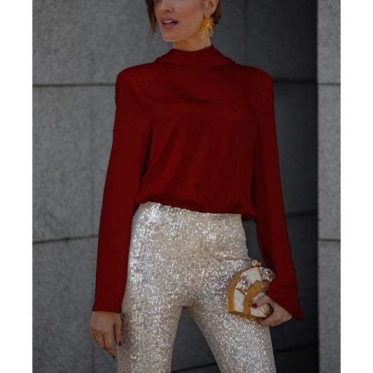 ✨Sparkle Series-𝑵𝒐.1 ✨Secret of Elegance Satin Back Chain Cowl Neck Draped Blouse