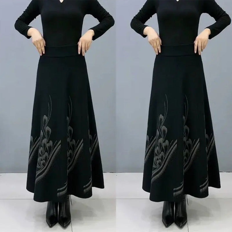Women’s Elegant High-Waist A-Line Faux Wool Skirt