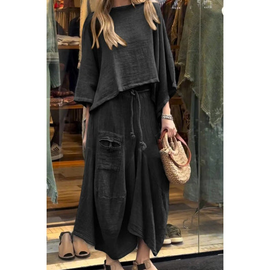 Women's two-piece set: Round neck casual top and wide skirt