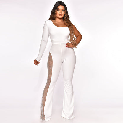 Women's fashionable and sexy jumpsuit with sloping shoulders and high slit