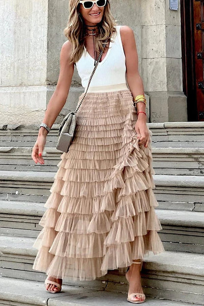 Gelaagde maxi-jurk van tule met elastische taille
