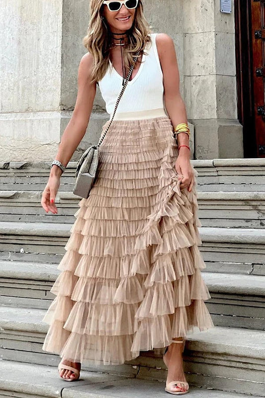 Gelaagde maxi-jurk van tule met elastische taille