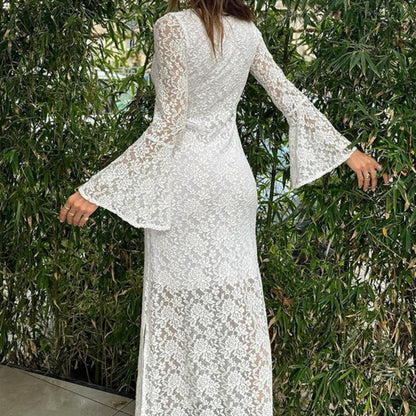 🌸Spring Specials💐 Lace Flared Sleeves Split Hem Waisted Dress