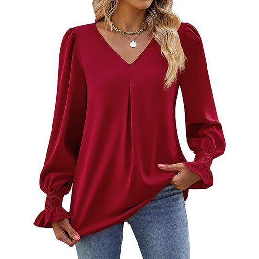 Women's Casual Solid Color V-Neck Long Sleeve Blouse