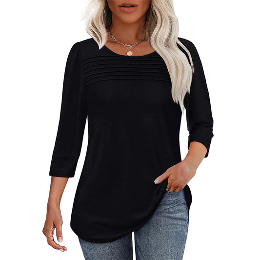 Women’s Pleated Detail 3/4 Sleeve Casual T-Shirt