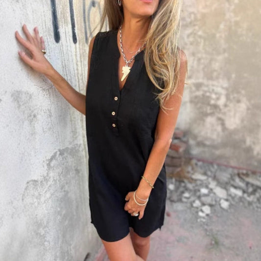 💖Limited Sale 50% OFF💖Women's Sleeveless Button Pocket V-Neck Dress
