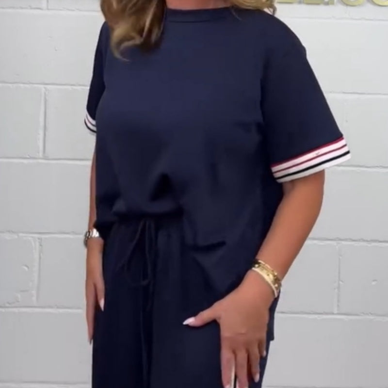 🔥2025 New - ❤️ Side Stripe Short Sleeve T-Shirt and Wide Leg Pants Casual Two Piece Set