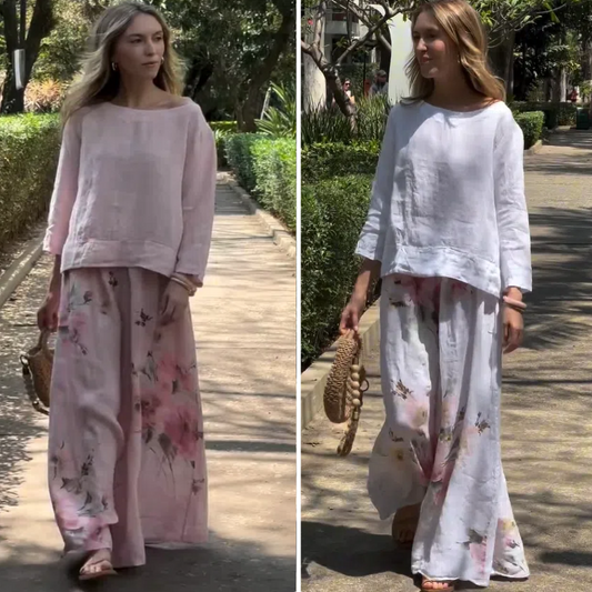 💖Hot Selling 49%OFF💖Solid Tops ＆ Floral Wide-Leg Pants (2-Piece Set)