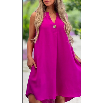 💖Limited Sale 50% OFF💖Solid Color Sleeveless V-Neck Dress with Button Decoration