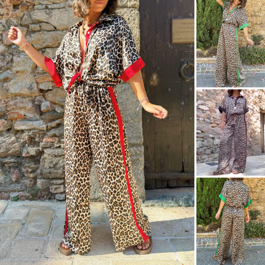 🌸Spring Hot Sale 49% OFF💐 Women's 2-Piece Leopard Print Outfit Button-Down Shirt & Wide-Leg Pants