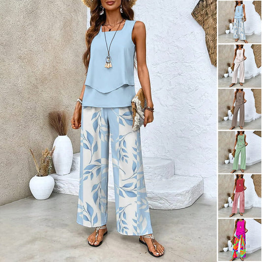 🔥Mother's Day Hot Sale 50% OFF🌺Women's Trendy Print 2 Piece Outfits Sleeveless Top & Pants