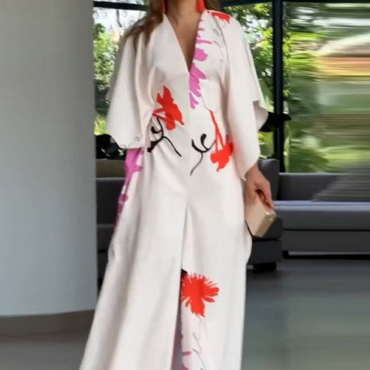 V-Neck Floral Irregular Sleeve Wide Leg Jumpsuit