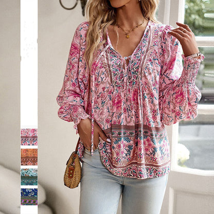 💖2025 New Products💖Women's Fashion Printed v-Neck Long Sleeve Shirt