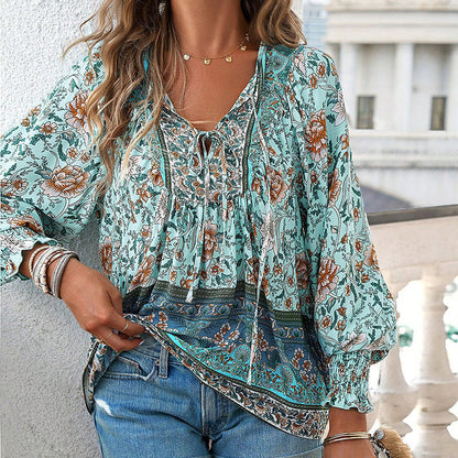 💖2025 New Products💖Women's Fashion Printed v-Neck Long Sleeve Shirt