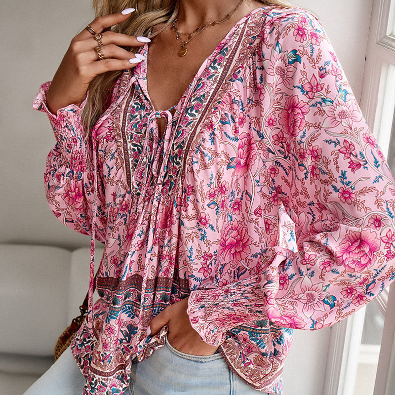 💖2025 New Products💖Women's Fashion Printed v-Neck Long Sleeve Shirt