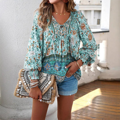 💖2025 New Products💖Women's Fashion Printed v-Neck Long Sleeve Shirt