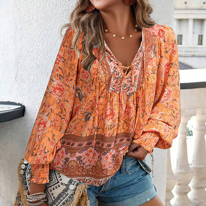 💖2025 New Products💖Women's Fashion Printed v-Neck Long Sleeve Shirt