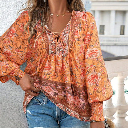 💖2025 New Products💖Women's Fashion Printed v-Neck Long Sleeve Shirt