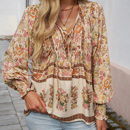 💖2025 New Products💖Women's Fashion Printed v-Neck Long Sleeve Shirt