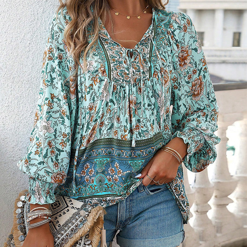 💖2025 New Products💖Women's Fashion Printed v-Neck Long Sleeve Shirt