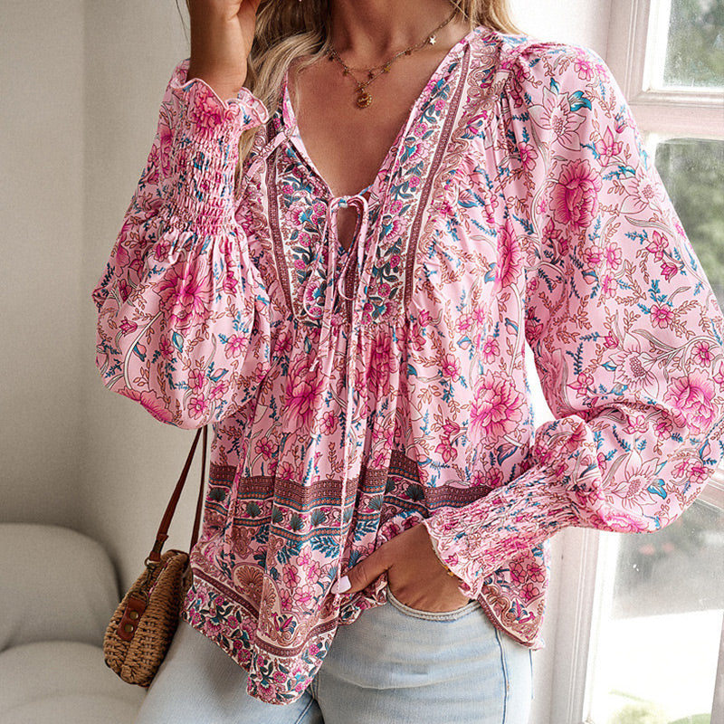 💖2025 New Products💖Women's Fashion Printed v-Neck Long Sleeve Shirt