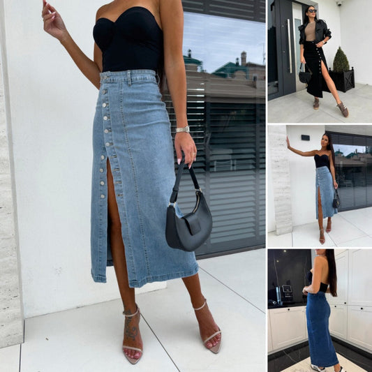 🔥HOT SALE 50% OFF🔥🌸 Stylish Button Closure Split Denim Bodycon Skirt – Effortless Chic & Comfort!