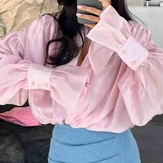 Women's Solid Color Sheer Flared Sleeve Shirt