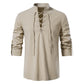 Men's Cotton-Linen Henley Shirt with High Collar and Long Sleeves