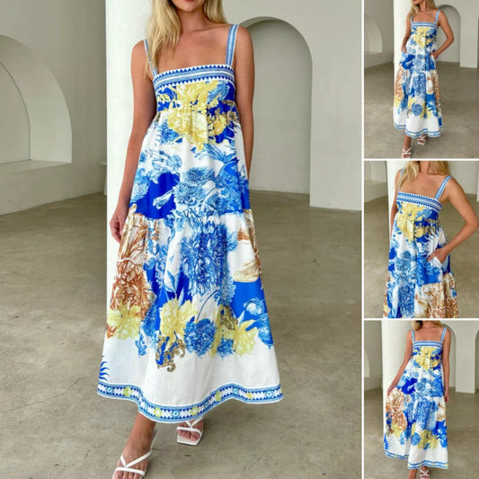 Women's Elegant Floral Print Maxi Dress with Pockets