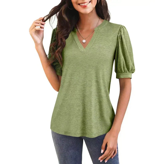 🔥Summer New Products👚Women's V-Neck Casual Puff Short Sleeve Top Elegant T-Shirt
