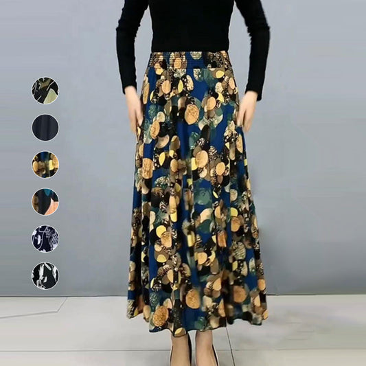Women's Fashion High Waist Floral Pleated Long Skirt