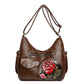 Women's Vintage PU Leather Shoulder Bag with Embossed Rose