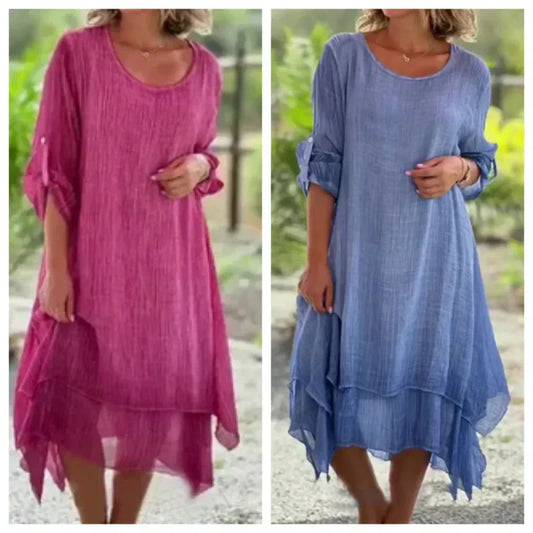 🌼 Sale 50% OFF🌼Women's Elegant Solid Color Round Neck Loose Fit Dress