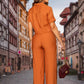 Lapel Short Sleeve Solid Color Two Piece Set