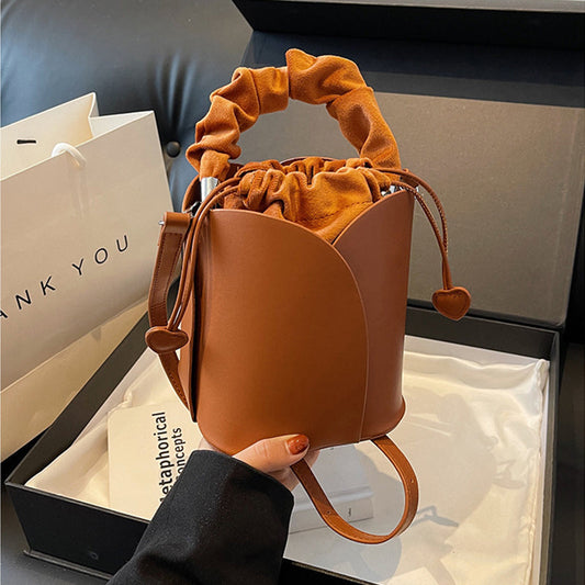 Handmade PU Leather Drawstring Bucket Bag for Women
