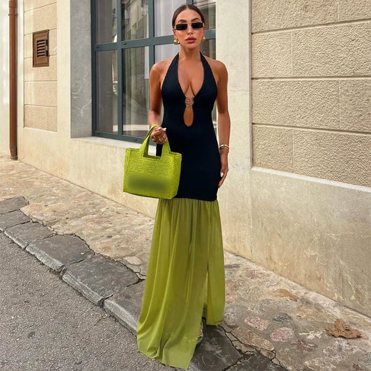 Modern Contrast Cut-Out Neckline Dress