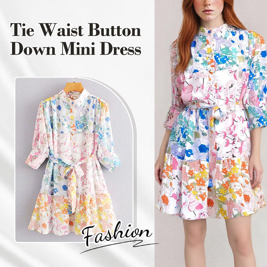 🎁 Hot Sale 49% OFF 🔥Tie Waist Button Down Mini Dress with Floral Print