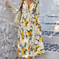 LUNE Random Print Deep V-Neck Lantern Sleeve Gathered Waist Dress