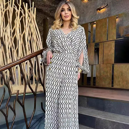 Printed Trendy 2-Piece Set - Long Sleeve Top and High Waist Wide Leg Pants