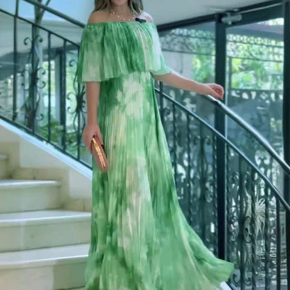 Women's Printed Pleated Off-shoulder Dress