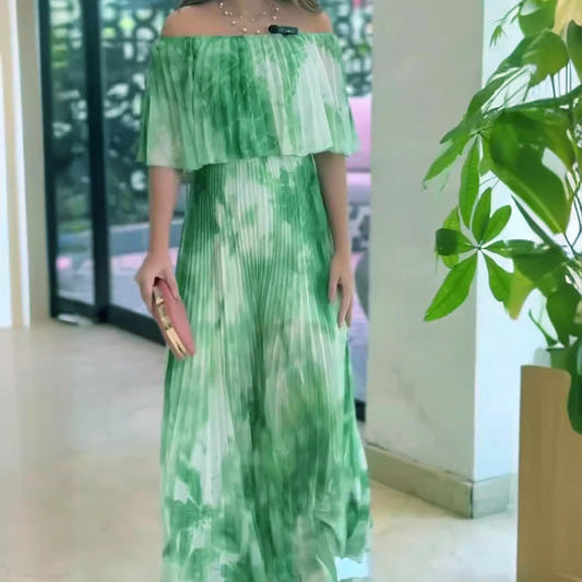 Women's Printed Pleated Off-shoulder Dress