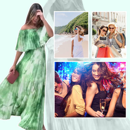 Women's Printed Pleated Off-shoulder Dress