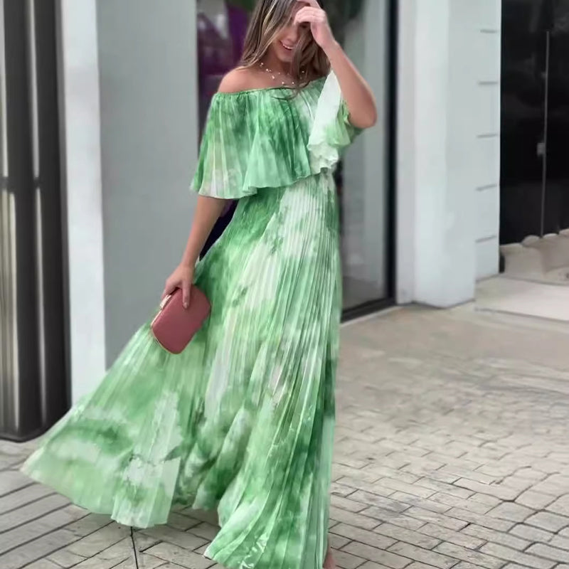 Women's Printed Pleated Off-shoulder Dress