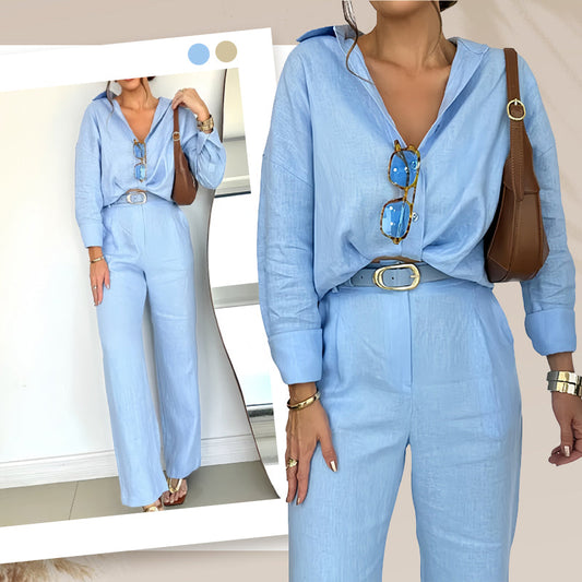 Women's Minimalist Button-Down Shirt with Matching Wide-Leg Pants Set