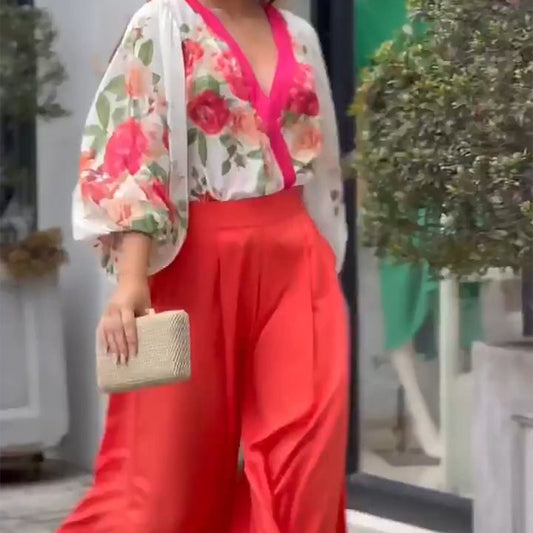 Romantic Rose Deep V-Neck Bubble Sleeves Top & Wide-Leg Pants Set