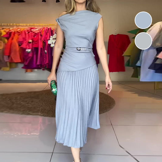 Women’s Off-Shoulder Pleated Dress with Belt