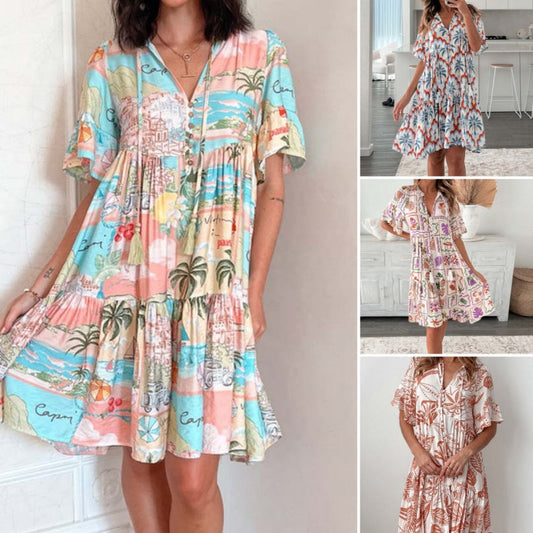 Women's Fashion V-Neck Short Sleeve Floral Print Dresses