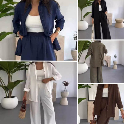 Womens Fashion Solid Color Loose Shirt Casual Wide Leg Pants Two Piece Set