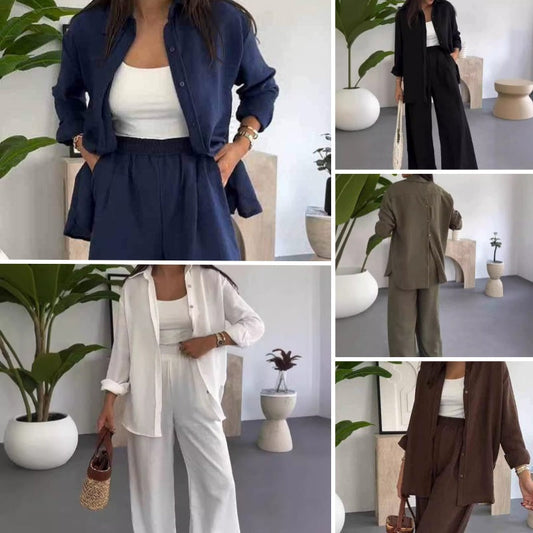 Womens Fashion Solid Color Loose Shirt Casual Wide Leg Pants Two Piece Set